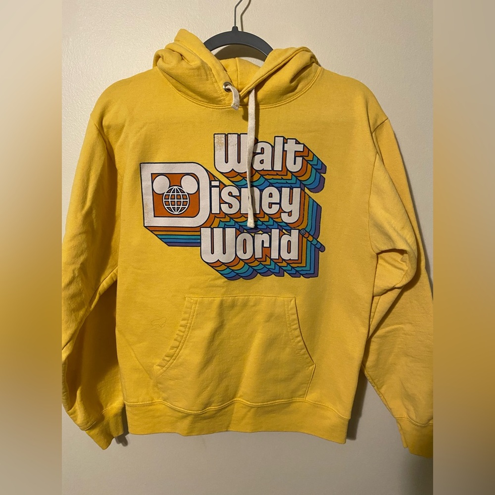 Men's Unisex Mustard Yellow Walt Disney World‎ Retro Spell Out Hoodie Sz Small